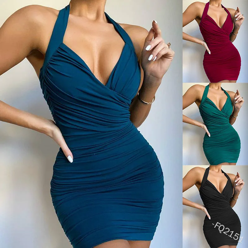 

WEPBEL Spaghetti Strap Dress Women's Sexy Slim Fit Pleated V-neck Dress Summer Fashion Backless High Waist Dress