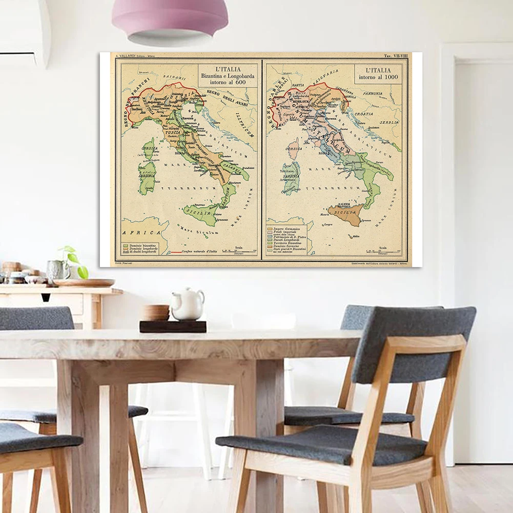 

150*100 cm The Italy Map In Italian Retro Canvas Painting Wall Art Poster Classroom Home Decoration School Supplies