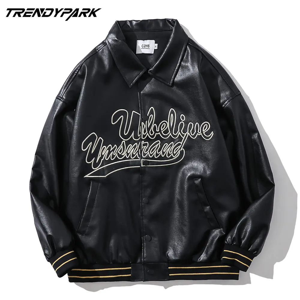 

Men's Leather Jacket Embroidery Letters Vintage Baseball Uniform Harajuku Hip Hop Streetwear Casual Oversized Motorcycle Coat
