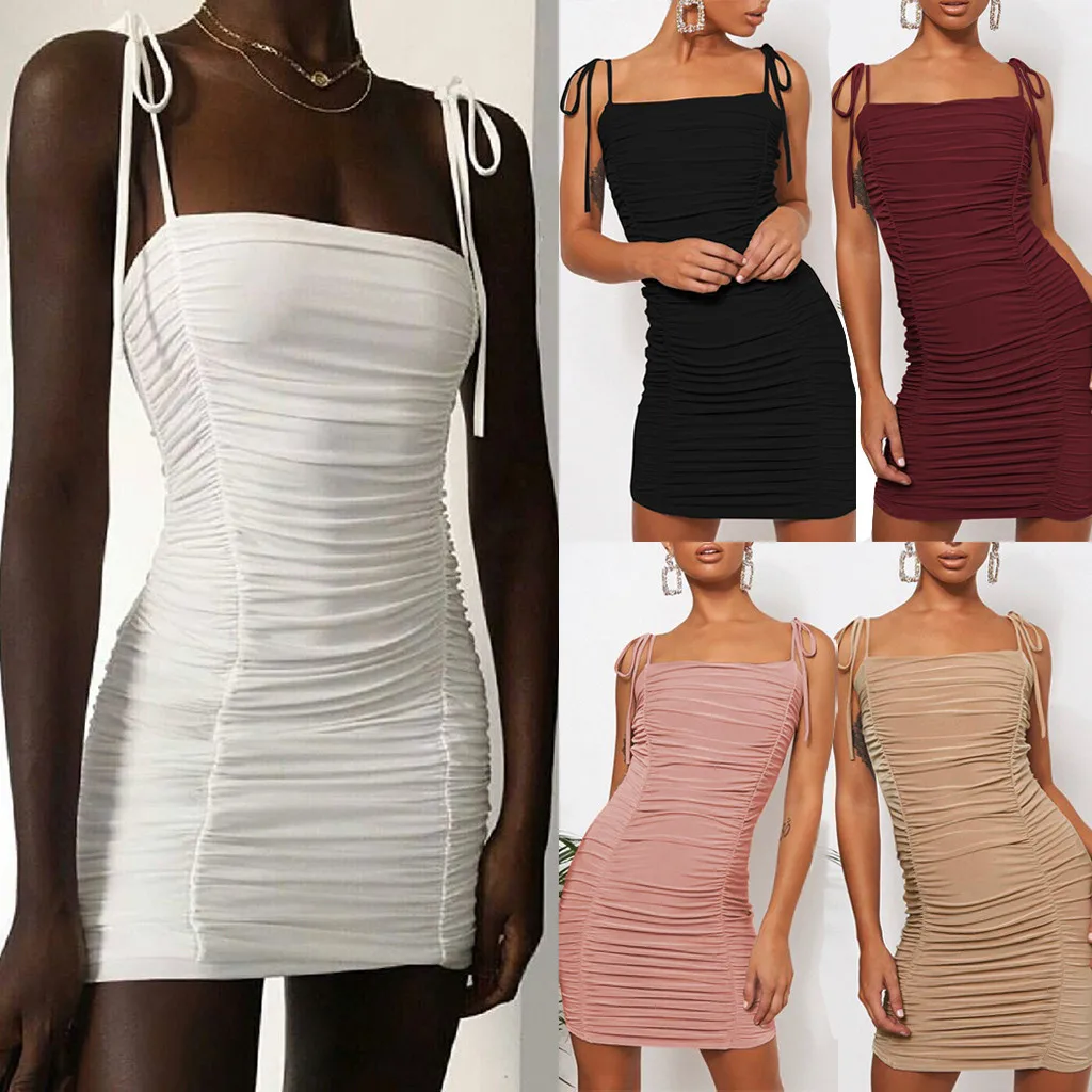 

MIARHB Ruched Drawstring Sexy Party Dress Women Sleeveless Elastic Mini Dress Summer Bodycon Dress Club Wear Vestidos A40