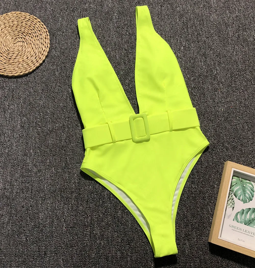 

Deep V Neon Green One Piece Swimsuit 2022 Women Leopard Swimwear Female Waistband Monokini High Waist Bathing Suit Swim Bodysuit