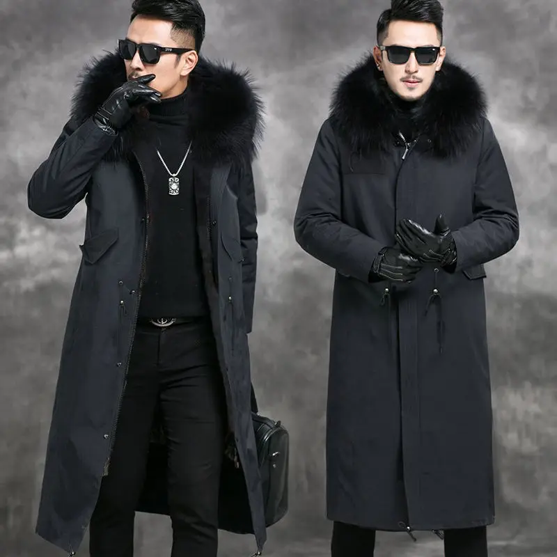 

Длинный мужской тренчкот со съемным меховым воротником