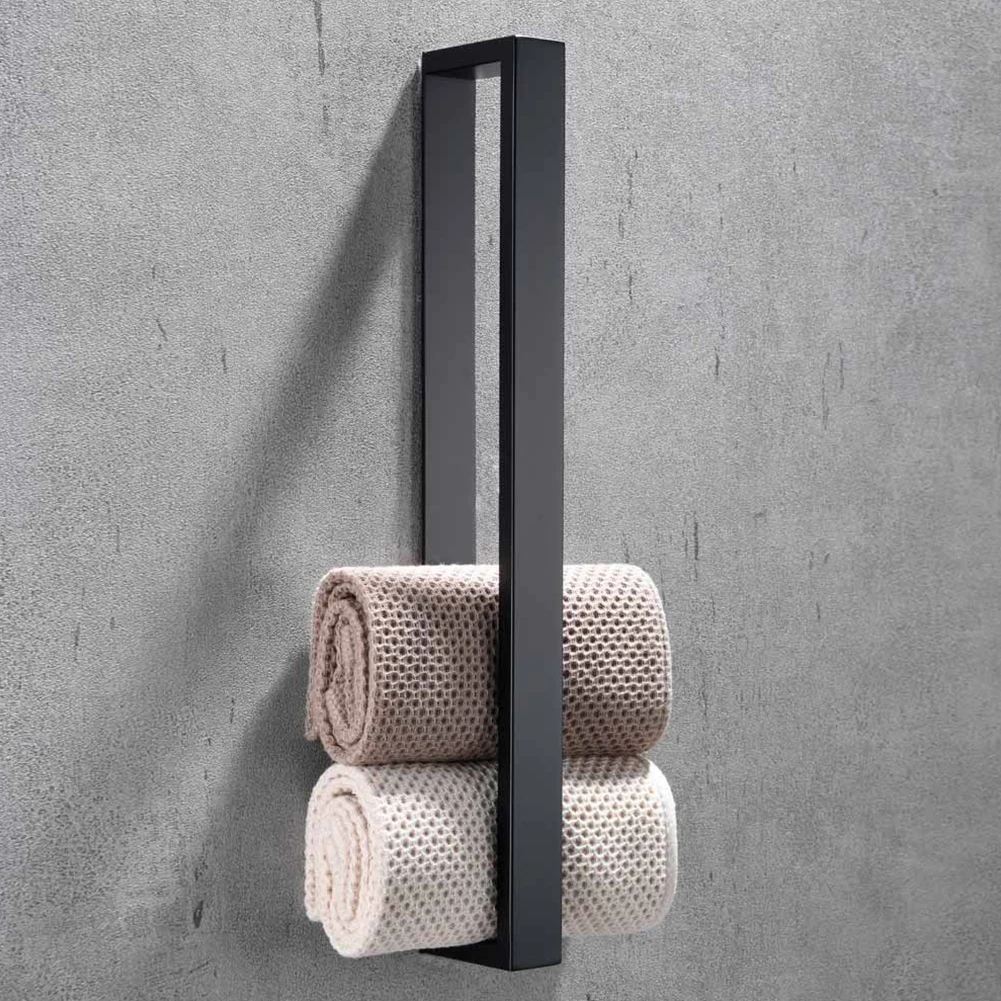 

Towel Rail Stainless Steel Bathrooms Guest Rolled Black Wall Mounted Square Rack Storage Home Shower Accessories Self Adhesive