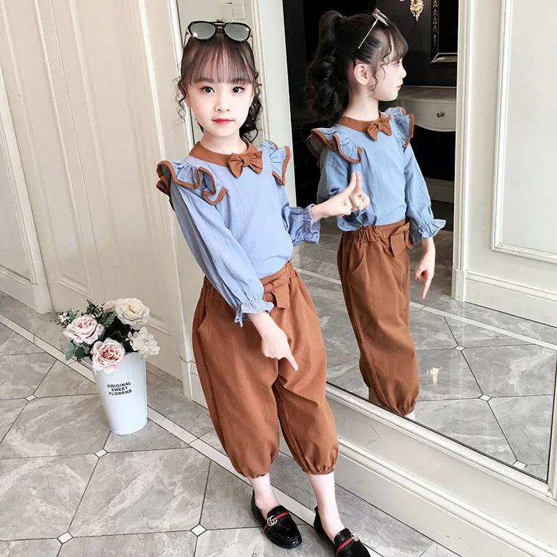 

2021 girls spring two-piece bow shirt for big children and children