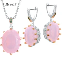 necklaceearrings 2pcs set with big oval pink zircon jewelry silverrose gold 2 tone plating pretty jewellery for women