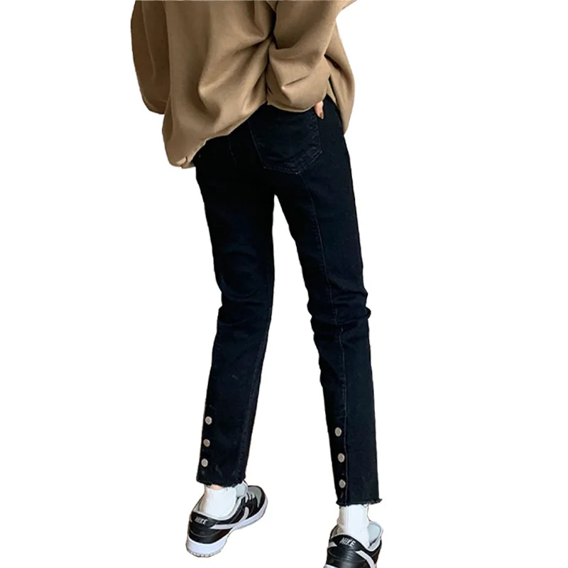 

2021 Women's New High waist jeans, Buttons Burrs Hem of Trousers Straight tube Nine Minutes of Pants