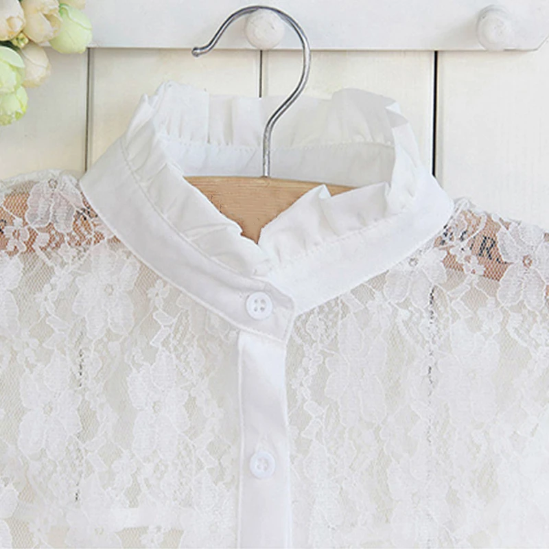 Женская кружевная рубашка с вертикальным отсоединяемым воротником летний