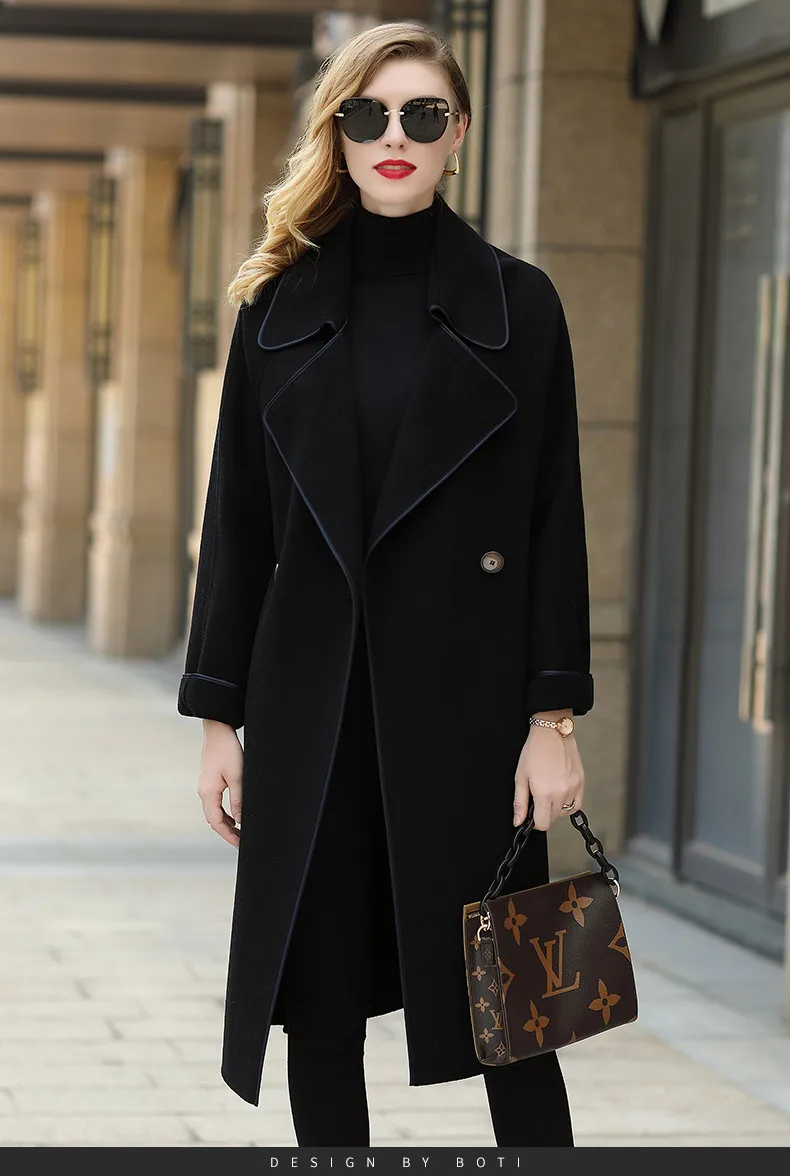 

2020 autumn winter fashion double-sided woolen woolen coat Women's European-style lace-up mid-length woolen coat