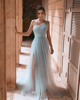 arabic sky blue cheap evening dresses one shoulder sequined prom dresses high split formal party second reception gowns hot sale