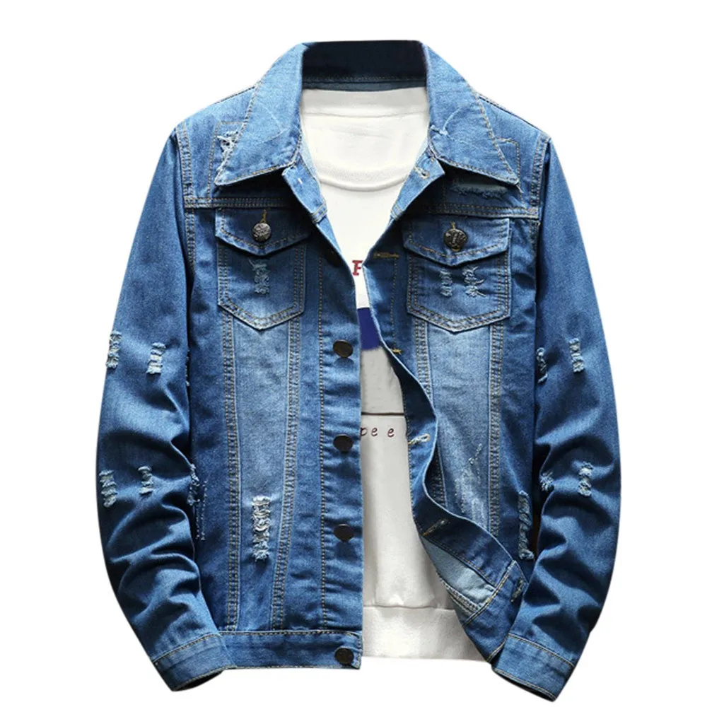 Denim Jacket For Male Men's Holes Jean Jackets Casual Autumn And Winter Jacket Hole Long Sleeve Sweatshirt Outwear Coats Jacket
