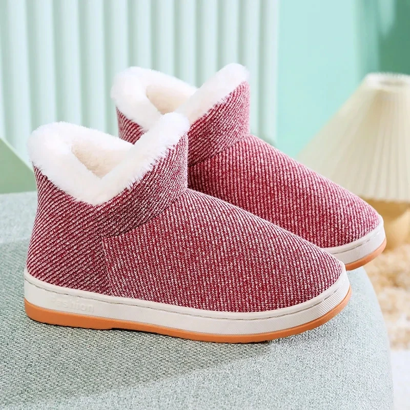 

Winter Red Plush Ankle Slippers For Women Home Faux Fur Shoes Slides 2022 New Couples Blue Man Female House Fuzzy Cotton Slipper