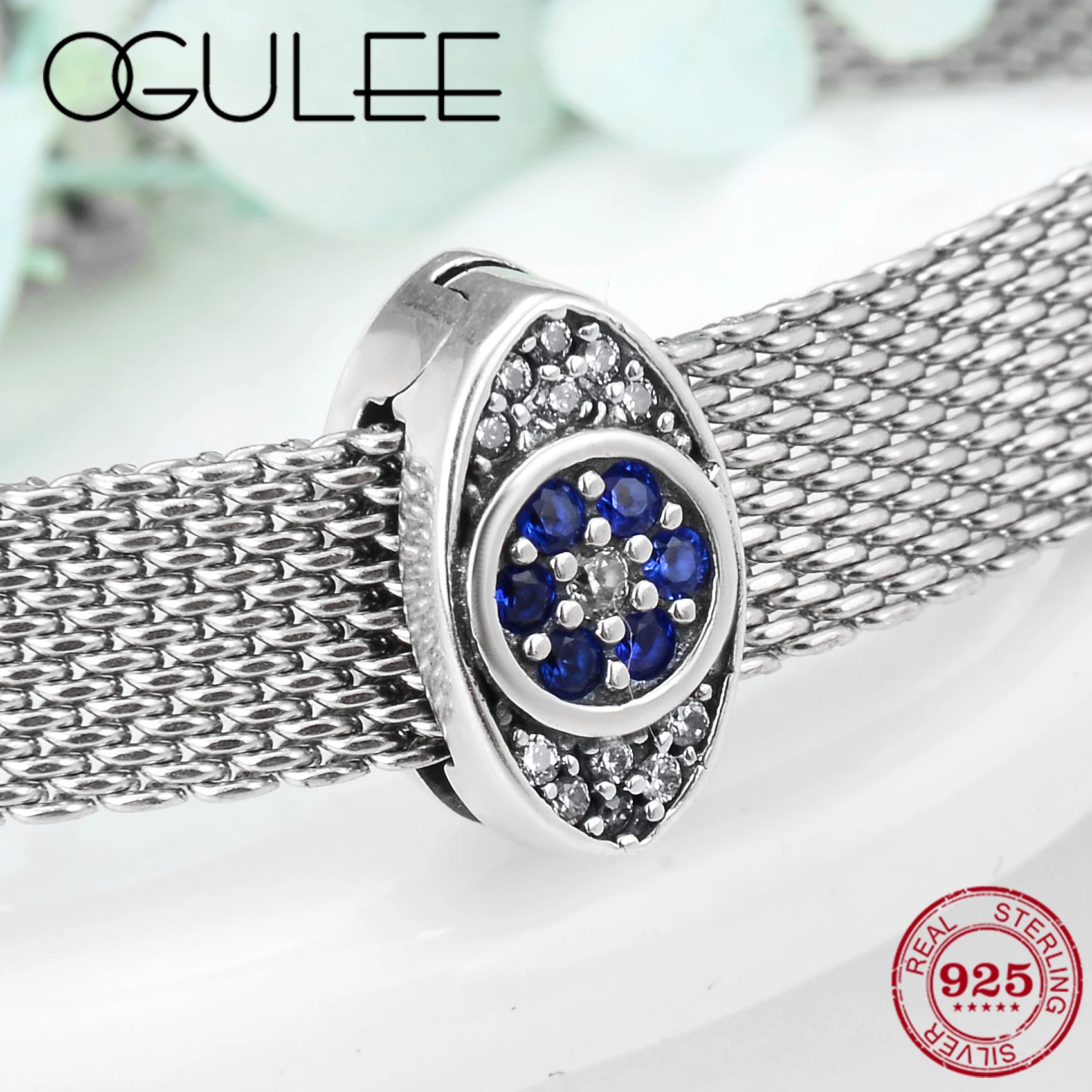 Настоящее серебро 925 пробы злой синий циркон глаз бусина с зажимом Женские