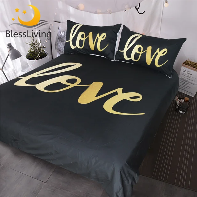 BlessLiving Black and Gold Love Bedding Set 3 Piece Home Modern Chic Duvet Cover Set Luxury and Romantic Couples Bedclothes King 1