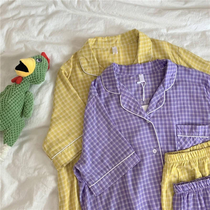 Пижамный комплект летняя рубашка в клетку Корейском стиле шорты с коротким