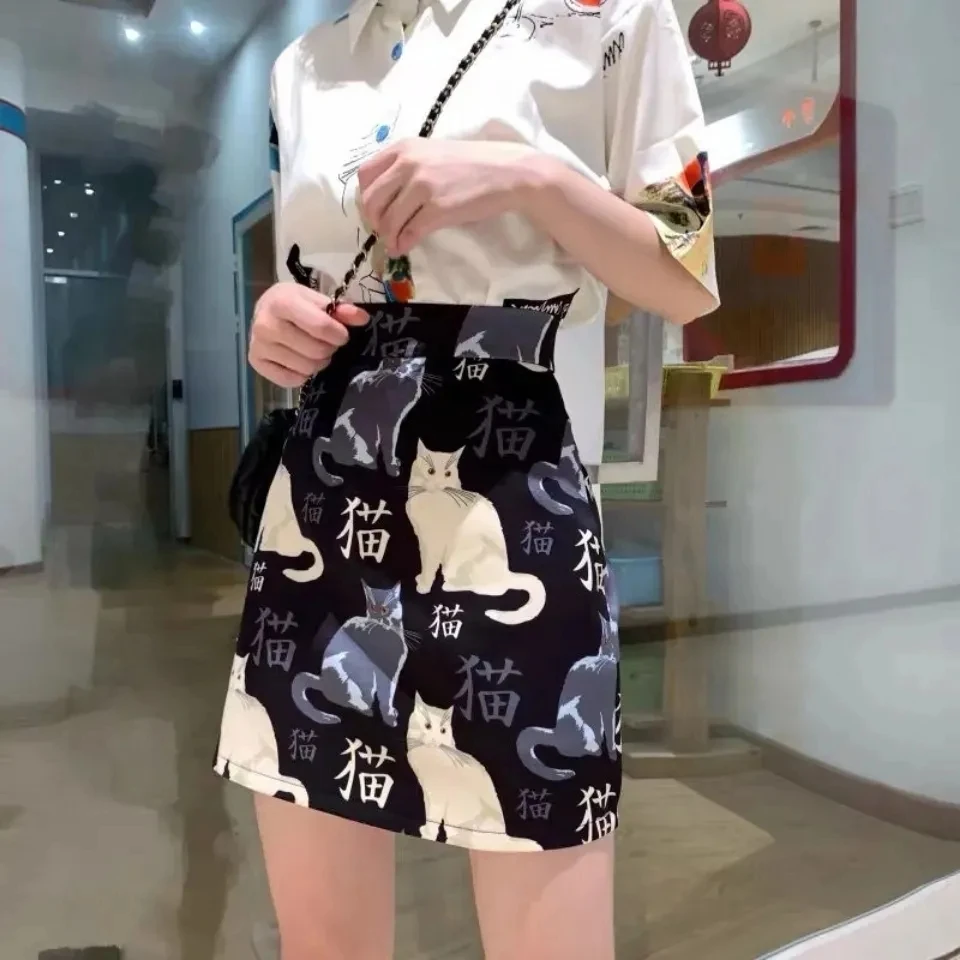 Летняя юбка в японском стиле Харадзюку с графическим принтом кошки тонкая черная