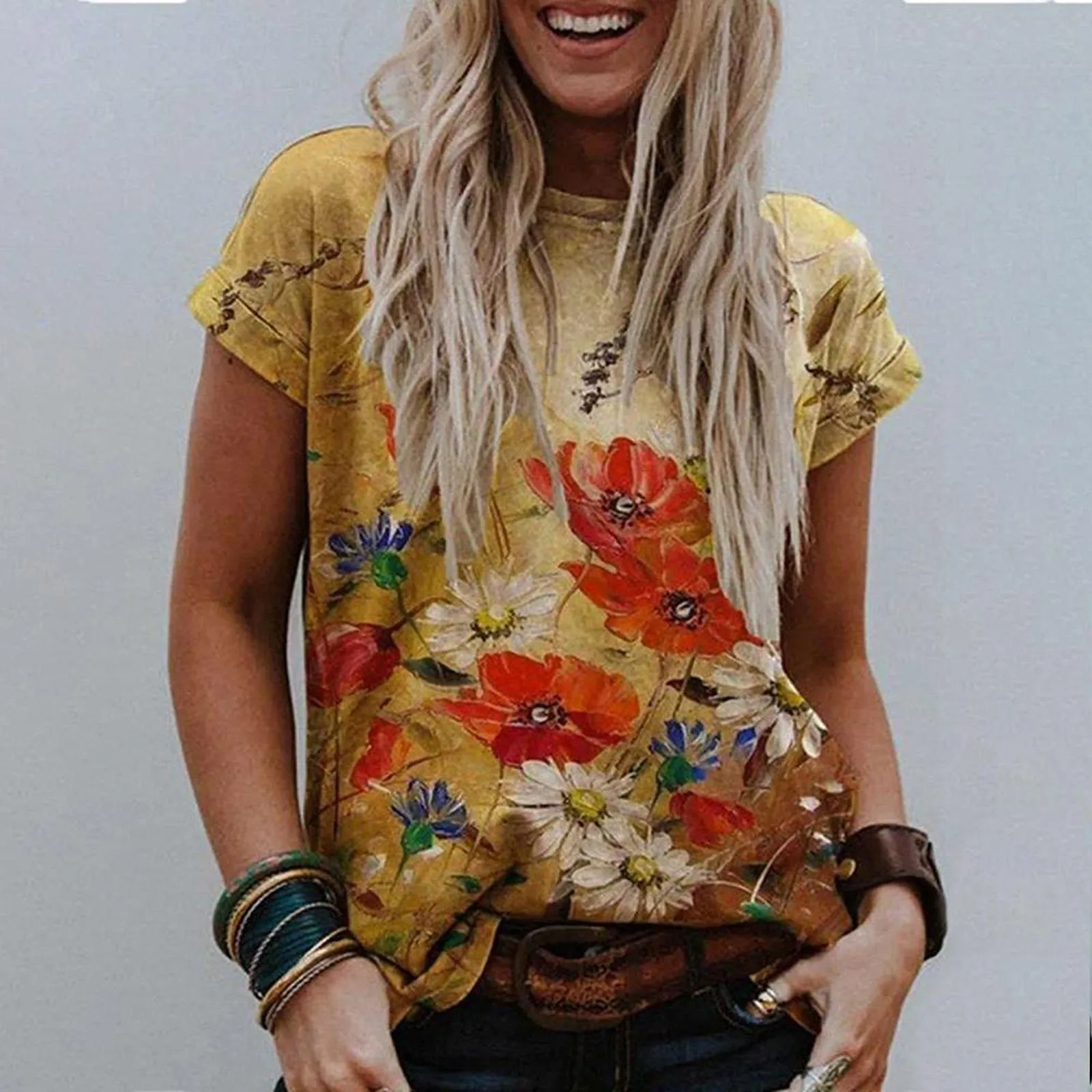 

Women Shirt Short Sleeve 2021 Fashion Elegant Patchwork O Neck Flower Print Fashion Loose Casual Ladies Shirt Female Shirt