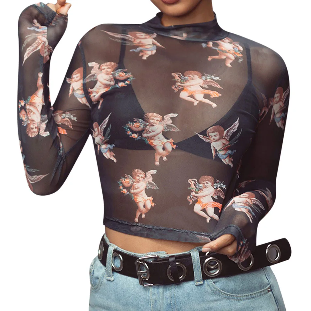 Fashion Women Turtleneck Long Sleeve Small Angle Print Short Navel Top Shirt Femme Blusas Mujer De Moda | Женская одежда