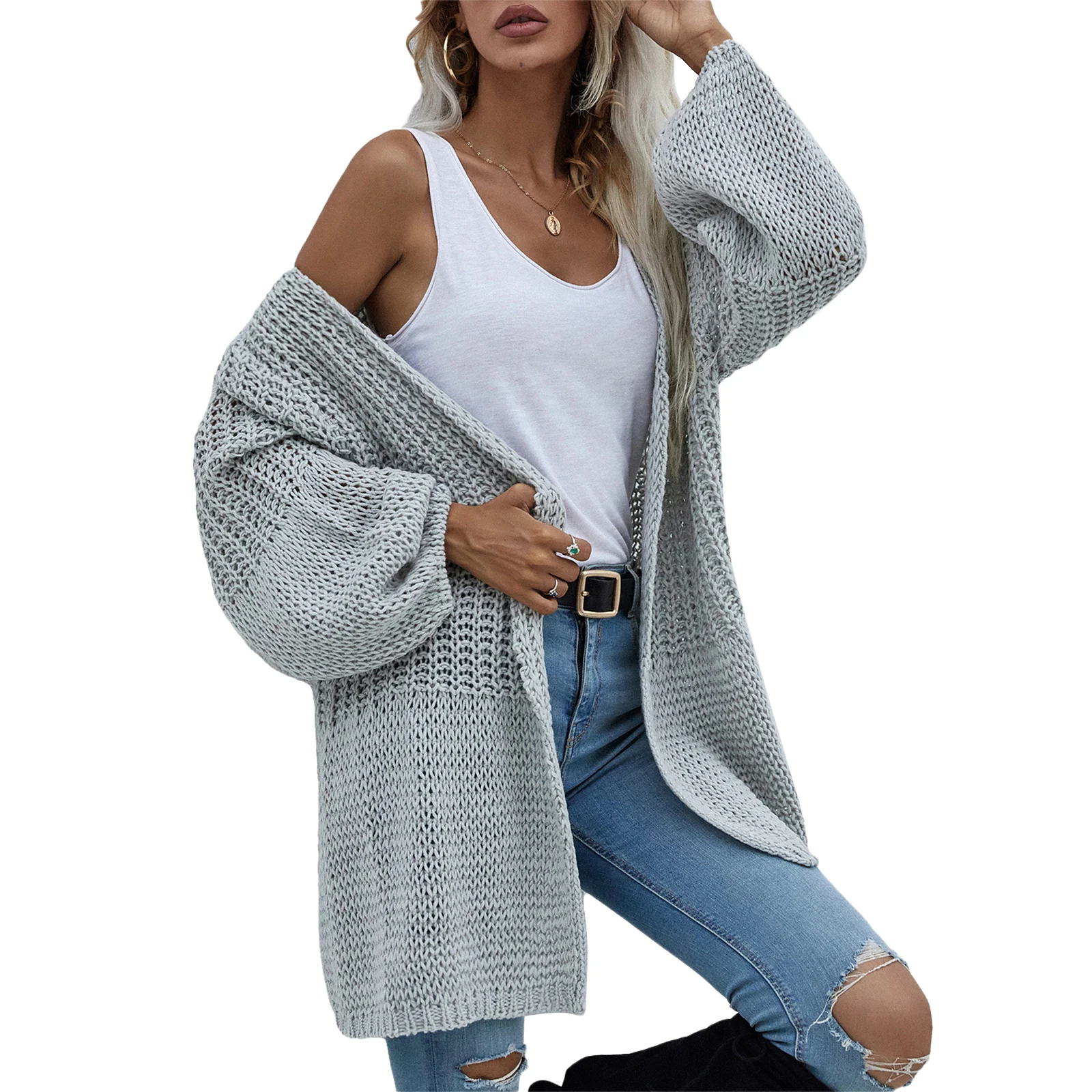 

Лидер продаж, женский простой стиль, вязаный кардиган, однотонная вязаная одежда с длинными рукавами-фонариками