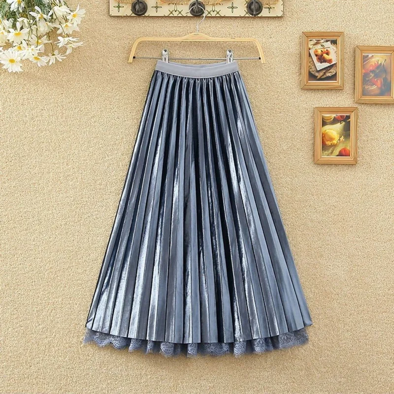 Женская плиссированная юбка средней длины с высокой талией и кружевом