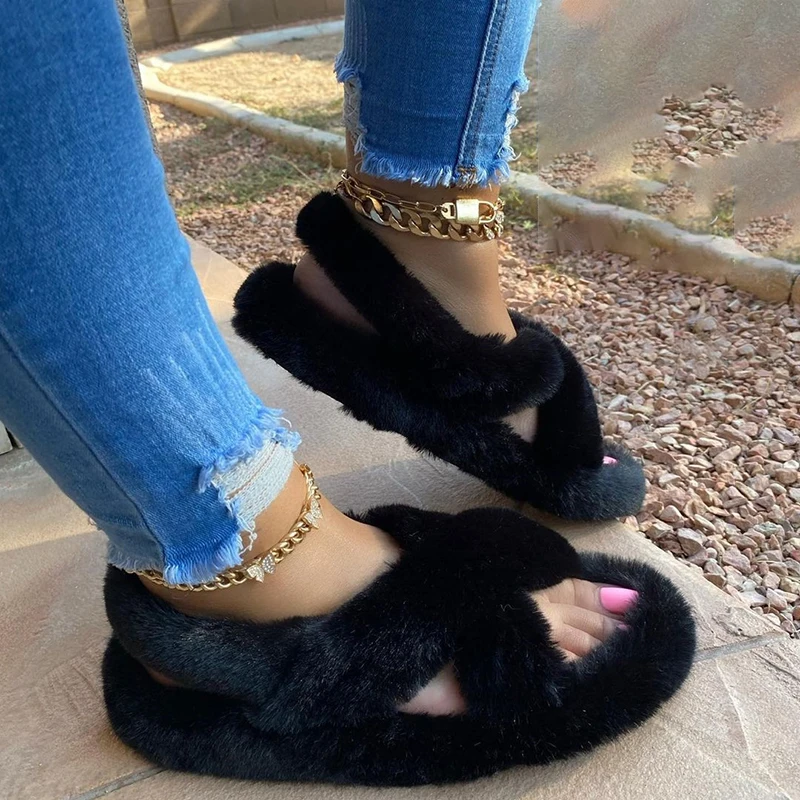 

2021 autumn and winter new style fashion casual cross open toe plush solid color outdoor flat comfortable women's slippers