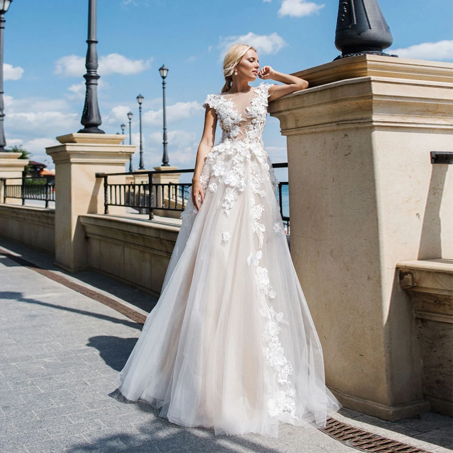 

Vestido De Noiva Simples Sexy Deep V-neck 3D Flowers Applique Light Champagne Wedding Dress A-line Bridal Gown