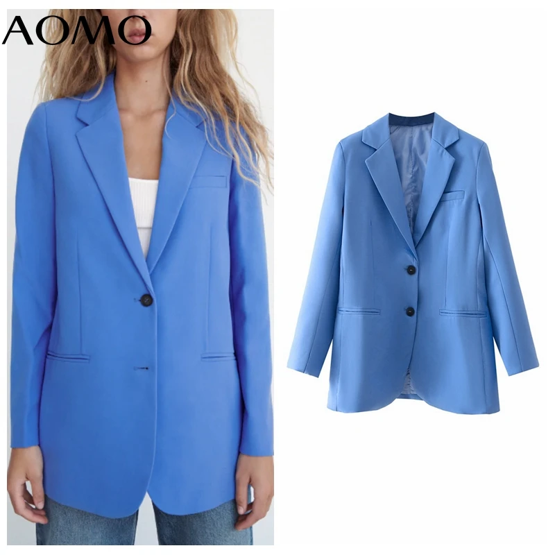 

AOMO Women Classic Blue Blazer Female Long Sleeve Elegant Jacket Ladies Work Wear Blazer Formal Suits DA107A