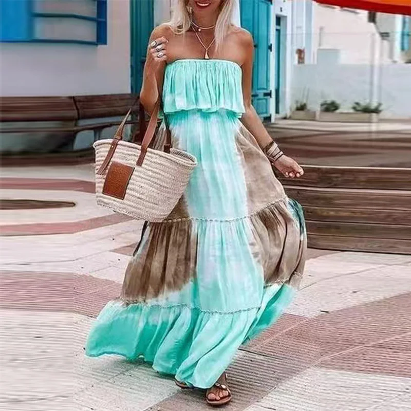 

Summer Fashion Sleeveless Loose Beach Dress Women Strapless Ruffle Party Maxi Dress Casual Vintage Print Boho Long Dress Vestido