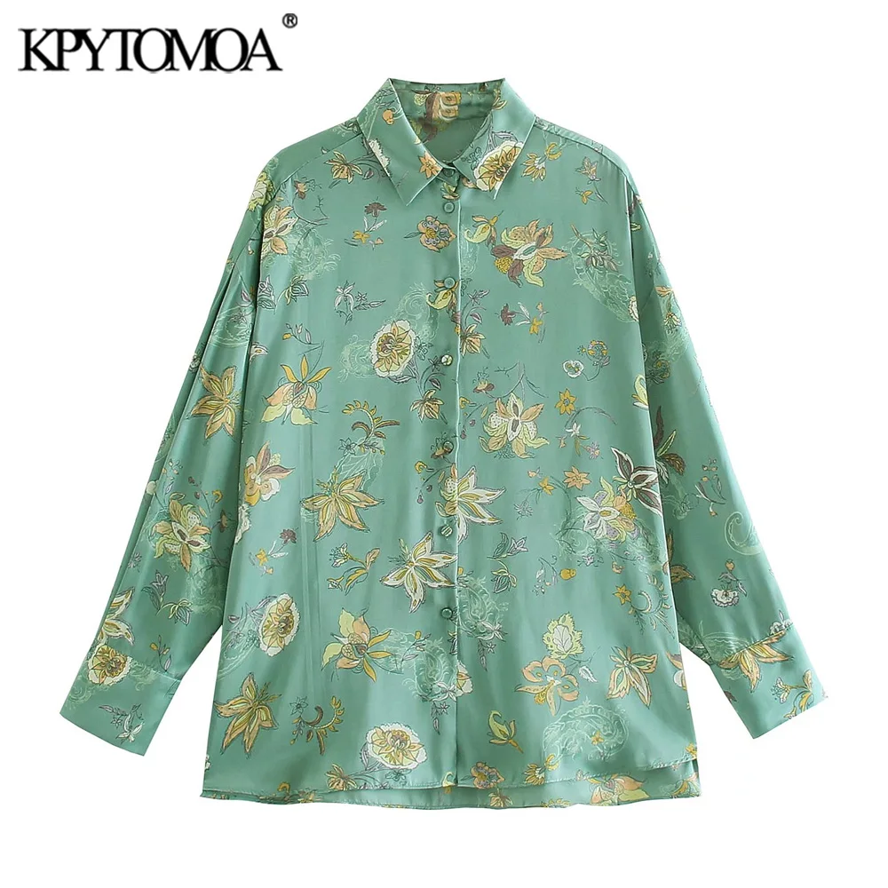 

KPYTOMOA Женская мода 2021, негабаритные Уютные Блузки с цветочным принтом, винтажные женские рубашки с длинным рукавом и боковыми разрезами, блу...