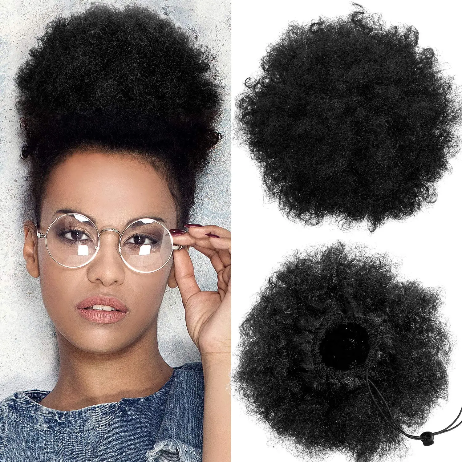 

8inch Short Afro Puff Synthetic Hair Bun Chignon Hairpiece For Women Drawstring Ponytail Kinky Curly Updo Clip Hair Extensions