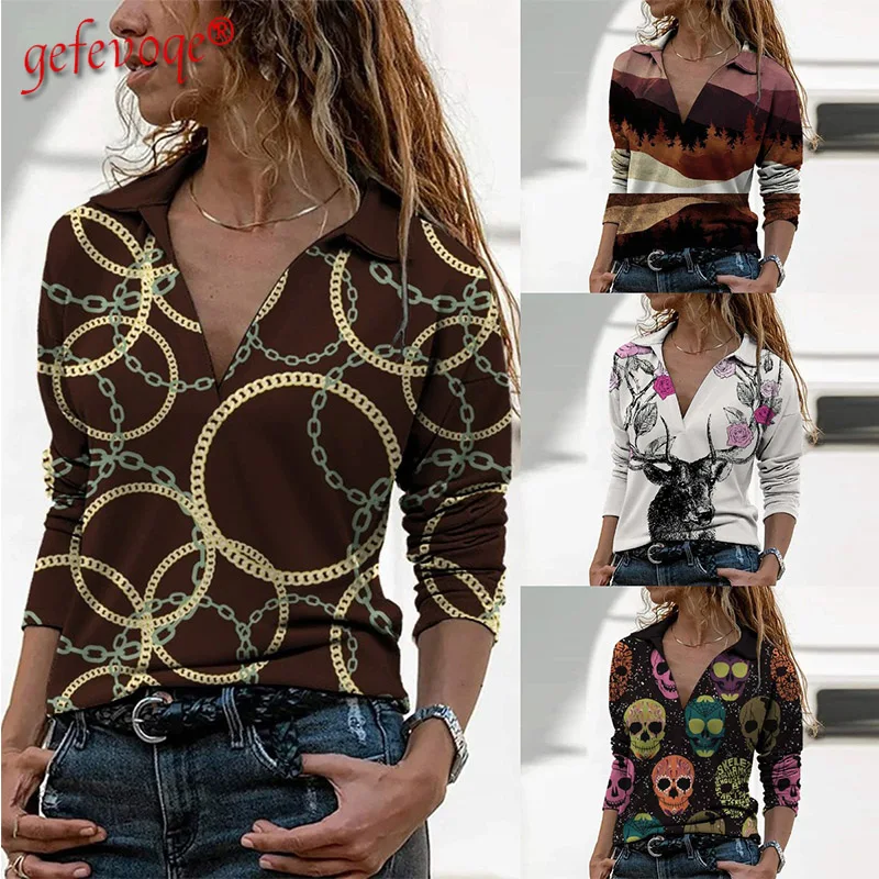 

Women Clothing 2021 Autumn New Casual V-Neck Long Sleeve Tops Streetwear Loose Tee Shirt Ladie Plus Size Fashion Printed T-Shirt