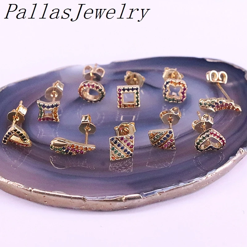 

10Pairs 6 style New arrived colorful cz micro pave stud earring cubic zirconia rainbow Gold Filled girl women stud