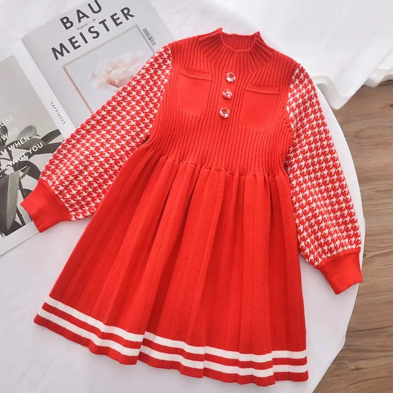 

Keelorn Girl Knitted Dress 2020 Christmas Fashion Princess Ruches Dresses Children Autumn Plaid Clothing Baby Cute Vestidos 3 7Y