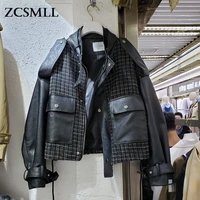 zcsmll new korean style loose leather jacket stitching pu long sleeve womens coat all match motorcycle top 2021 autumn winter