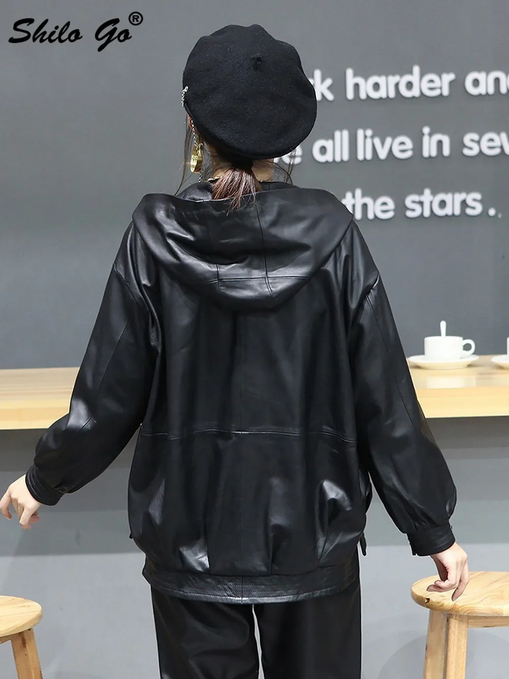 

Hooded Collar Zipper Drop Shoulder Puff Sleeve Zipper Jacket Women Casual Streetwear Genuine Leather Coat Sheepskin Outwear
