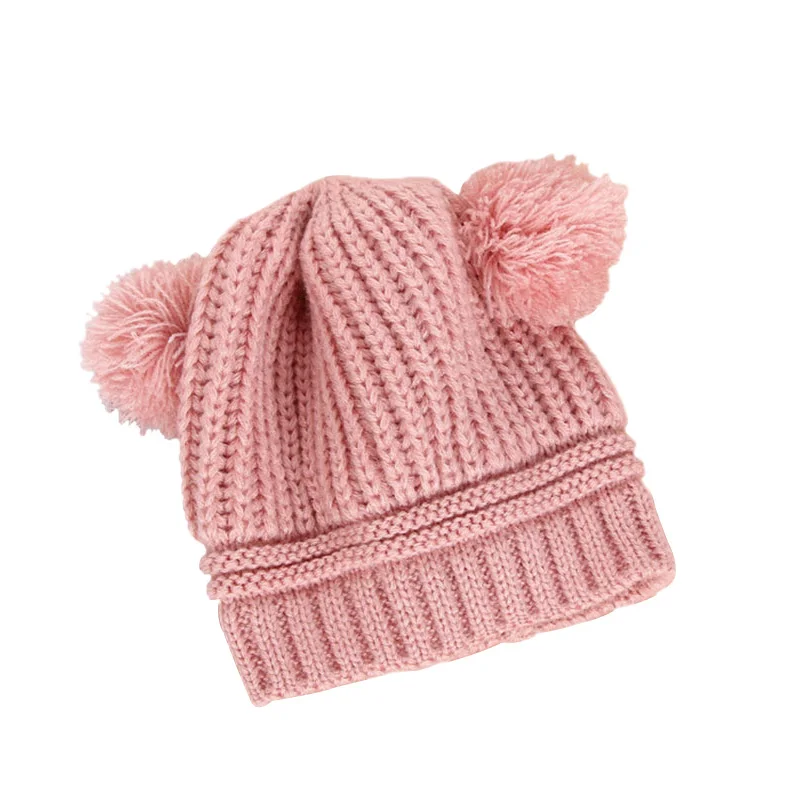 pink Детская шапка с помпонами и ушками Микки из мультфильма; детская шапочка с большим бантом в горошек; вязаные зимние теплые шапки для новорожденных; Детские шапки для девочек - Цвет: pink