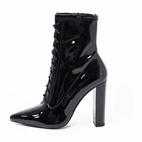 2021 black patent leather pointy chunky heel ankle boots with lace up side zippers fashion oversized ankle boots