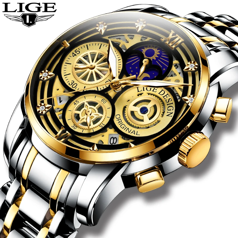 

2021 LIGE New Fashion Men Watches Calendar Stainless Steel Top Brand Luxury Sport Chronograph Quartz Watch Relogio Masculino+Box