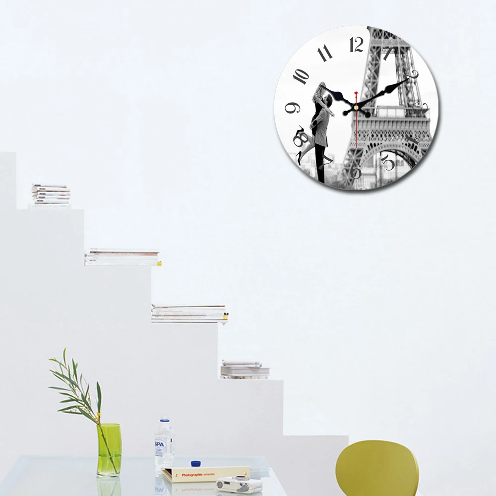 WONZOM Gray Lovers Tower Wooden Cardboard Wall Clock European Retro for Chic Home Office Cafe Decor Silent | Дом и сад