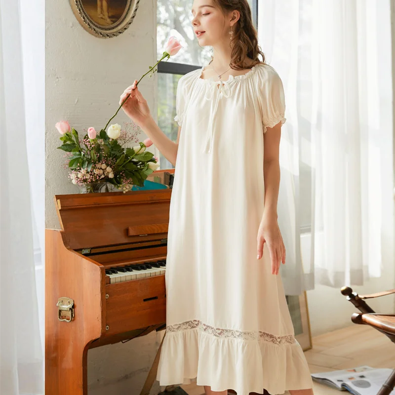 

Short sleeve nightdress women's summer long skirt lovely court sweet princess style pajamas autumn long loose large size home