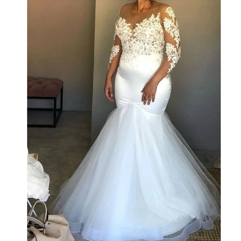 

Long Sleeves Lace Mermaid Wedding Dress Customize Plus Size Illusion Tulle African Nigeria Brides Dresses vestidos de novia