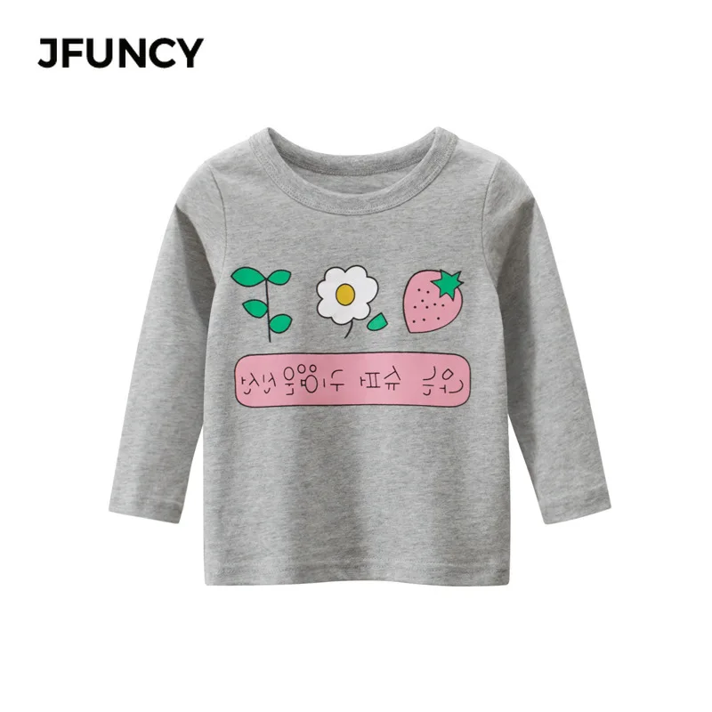 

JFUNCY 2021; Сезон весна-осень; Детские футболки для девочек с мультипликационным рисунком, детские топы с длинными рукавами простота цветы футб...