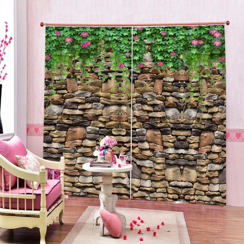 

Modern Home Decoration Living Room Curtains 3d Red leaf stone wall with green leaves Digital Print 3D Blackout Curtains
