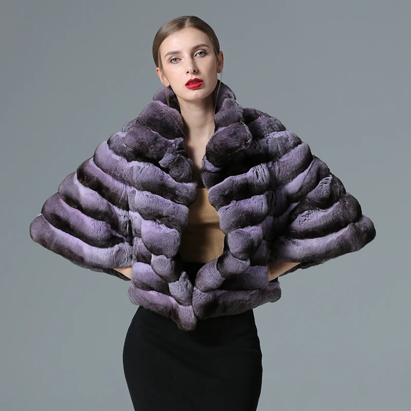 FURSARCAR 2021 New Natural Rex Rabbit Fur Jacket With Collar Purple Color Short Winter Women Coat Fashion Chinchilla Fur Outwear