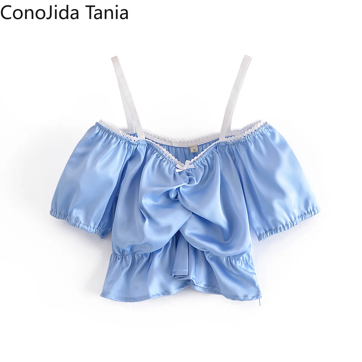 

Korean Version of Women's Summer New One-word Bow Pleated Off-the-shoulder Sling Light Blue Shirt