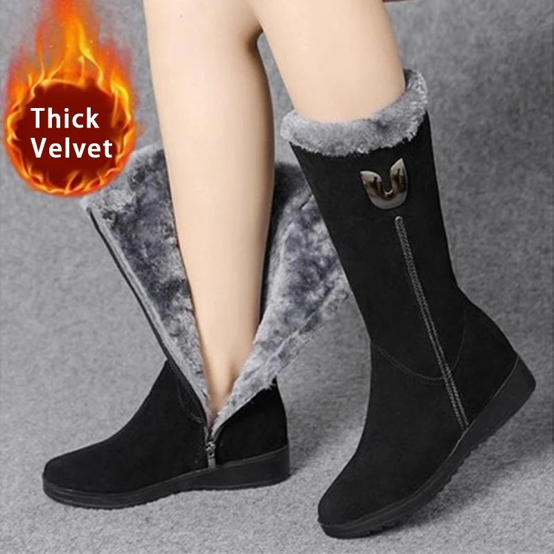 High Boots Women Warm Plush Suede Ladies Long Boots Comfortable Winter Female Wedge Cotton Shoes Mid-calf Fur Zapatos Mujer 2022