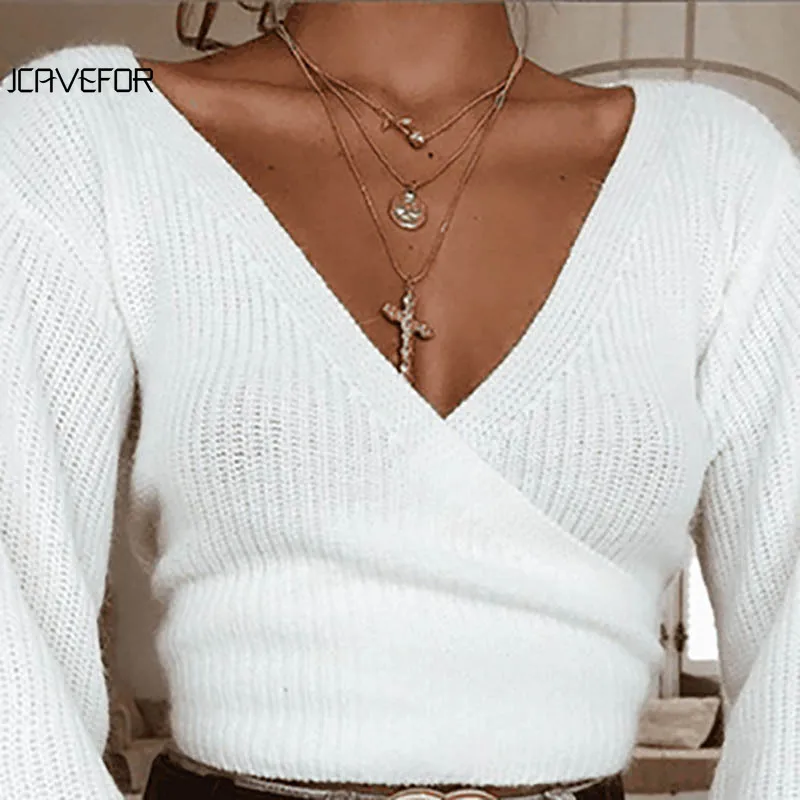 Autumn Winter Sweaters Tops Loose Slim Sweater Pullover Casual Solid Fashion White Long Sleeve V-neck Women Clothing Sexy | Женская