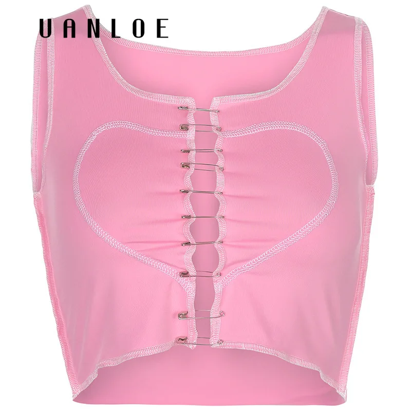 

Sexy Pink Sleeveless Crop Tops Women Fashion Club Party Wear Pin Tank Tops Punk Style Streetwear 2020 Summer Vest Female