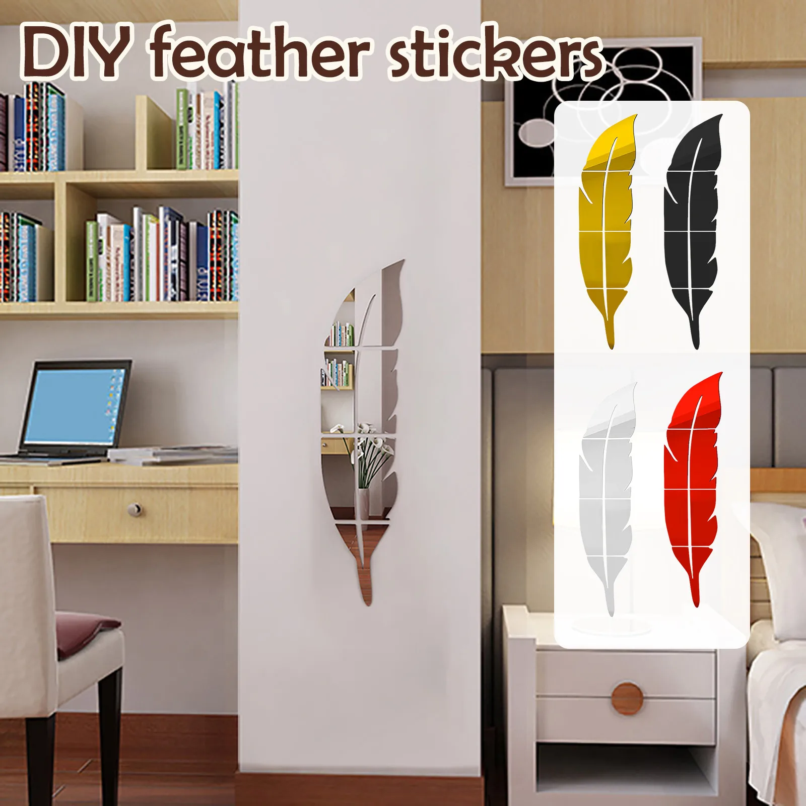 

3D Wall Stickers Removable Feather Mirror Wall Stickers Decal Art Vinyl Home Kitchen Room Decoration DIY 2021 new