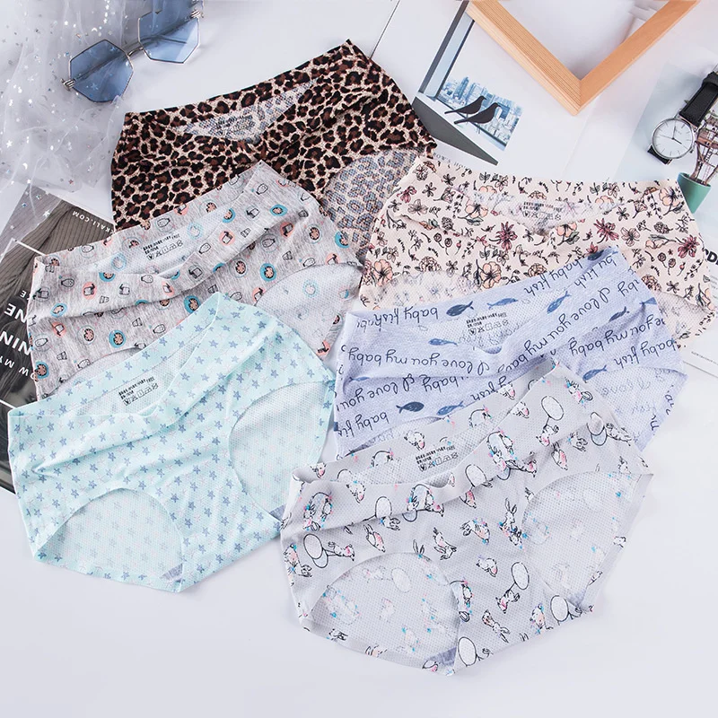 

Women's Underwear Sexy Seamless Panties Ice Silk Breathable Lingerie Leopard Cartoon Animal Printed Girls Briefs Female Panties