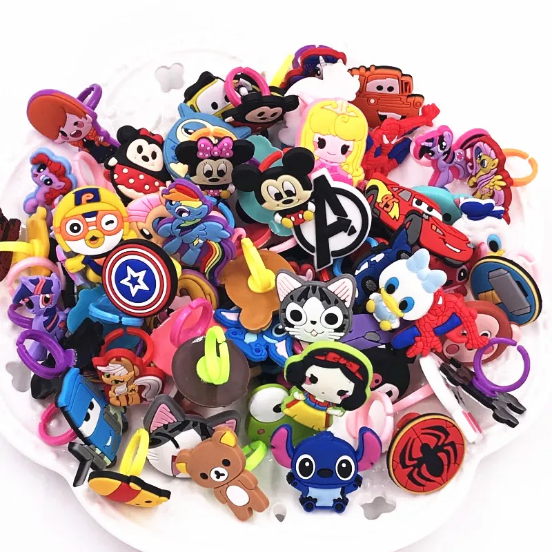 Random 10Pcs Mix Cartoon PVC Rings for Children Girls Boys Baby Adjustable Kids Jewelry Finger Ring Party Gift | Украшения и